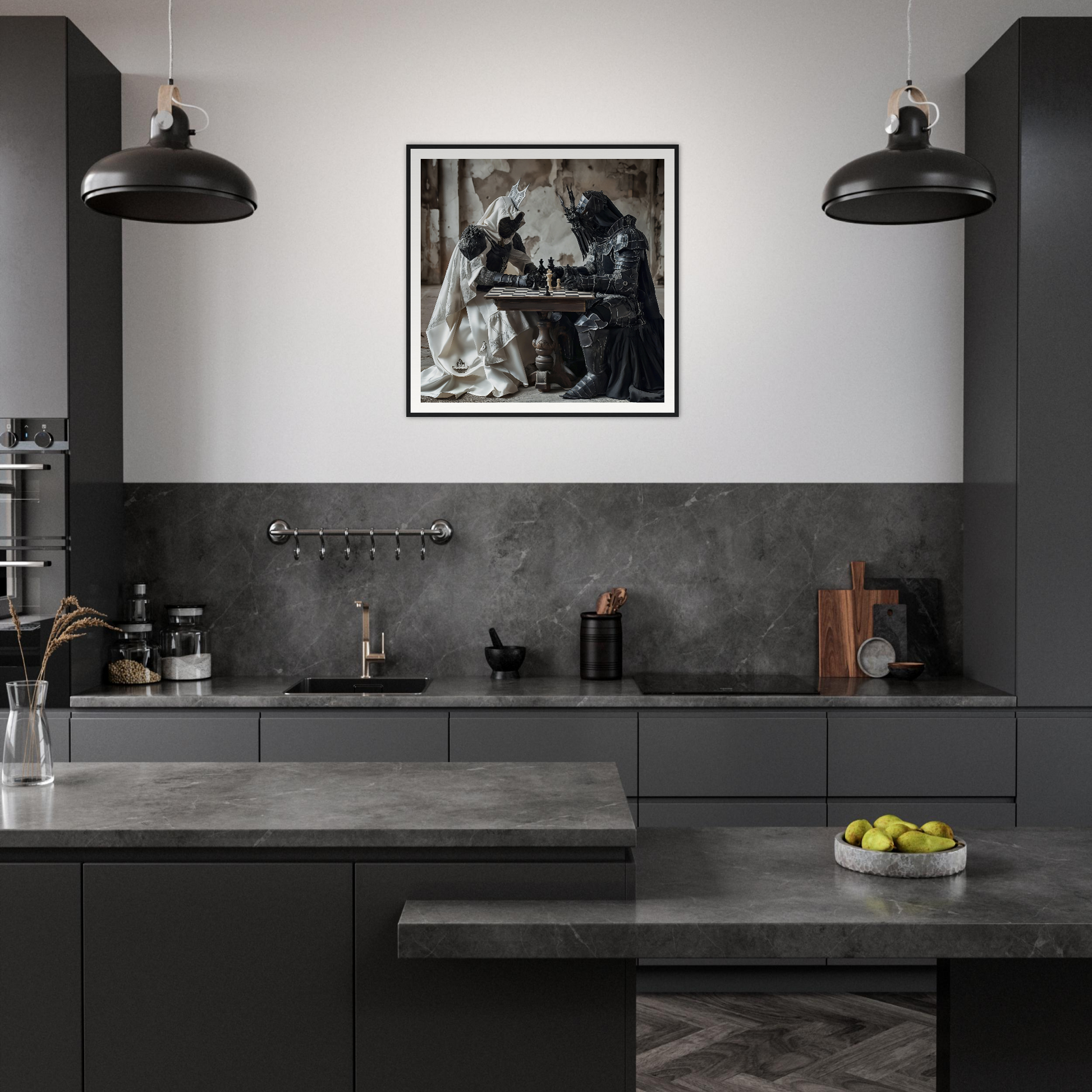 Modern dark gray kitchen with industrial lights and artwork from Mind’s Naissance Battle