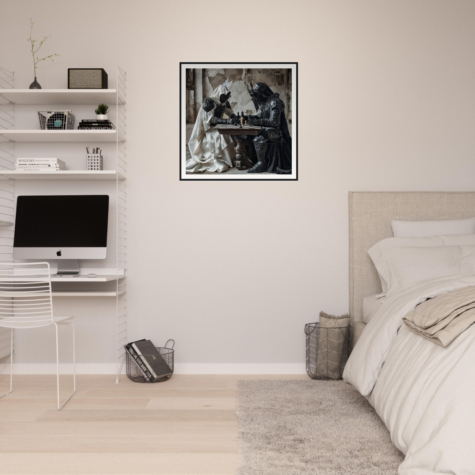 Minimalist bedroom with iMac workstation and floating shelves in Mind’s Naissance Battle