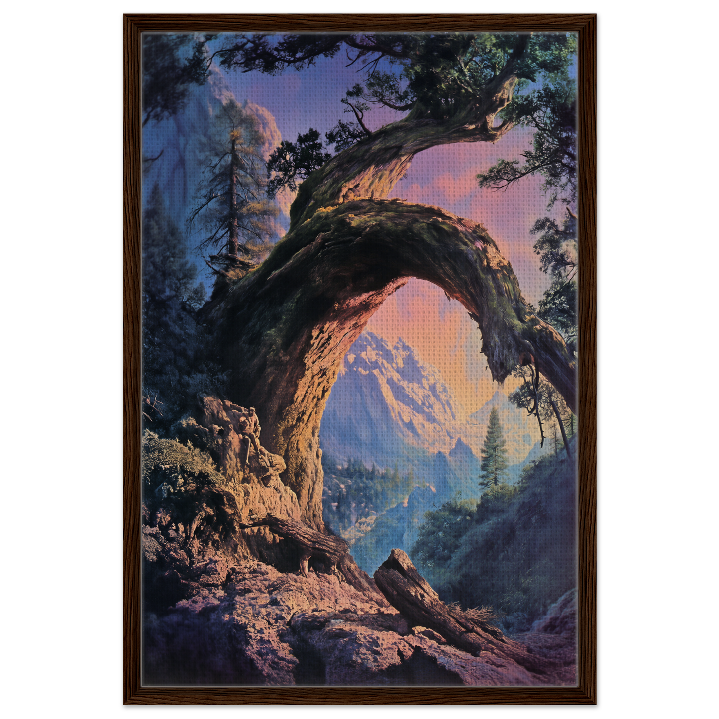 Natural rock arch in a mountain landscape featured in Mist Vortex Gateway framed canvas print