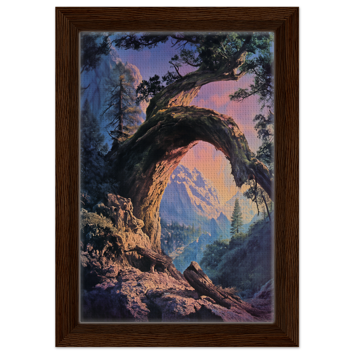 Gnarled tree trunk framing mountains at sunset in Mist Vortex Gateway framed canvas print