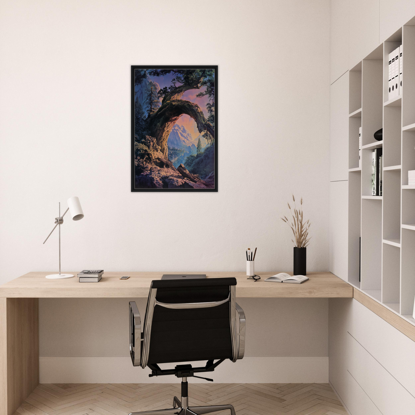 Minimalist home office featuring Mist Vortex Gateway and colorful fantasy room decor