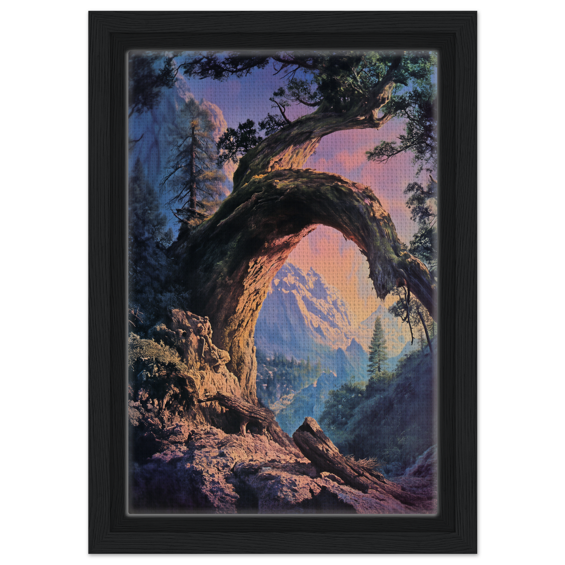 Gnarled tree trunk framing mountains, enhancing the Mist Vortex Gateway room decor