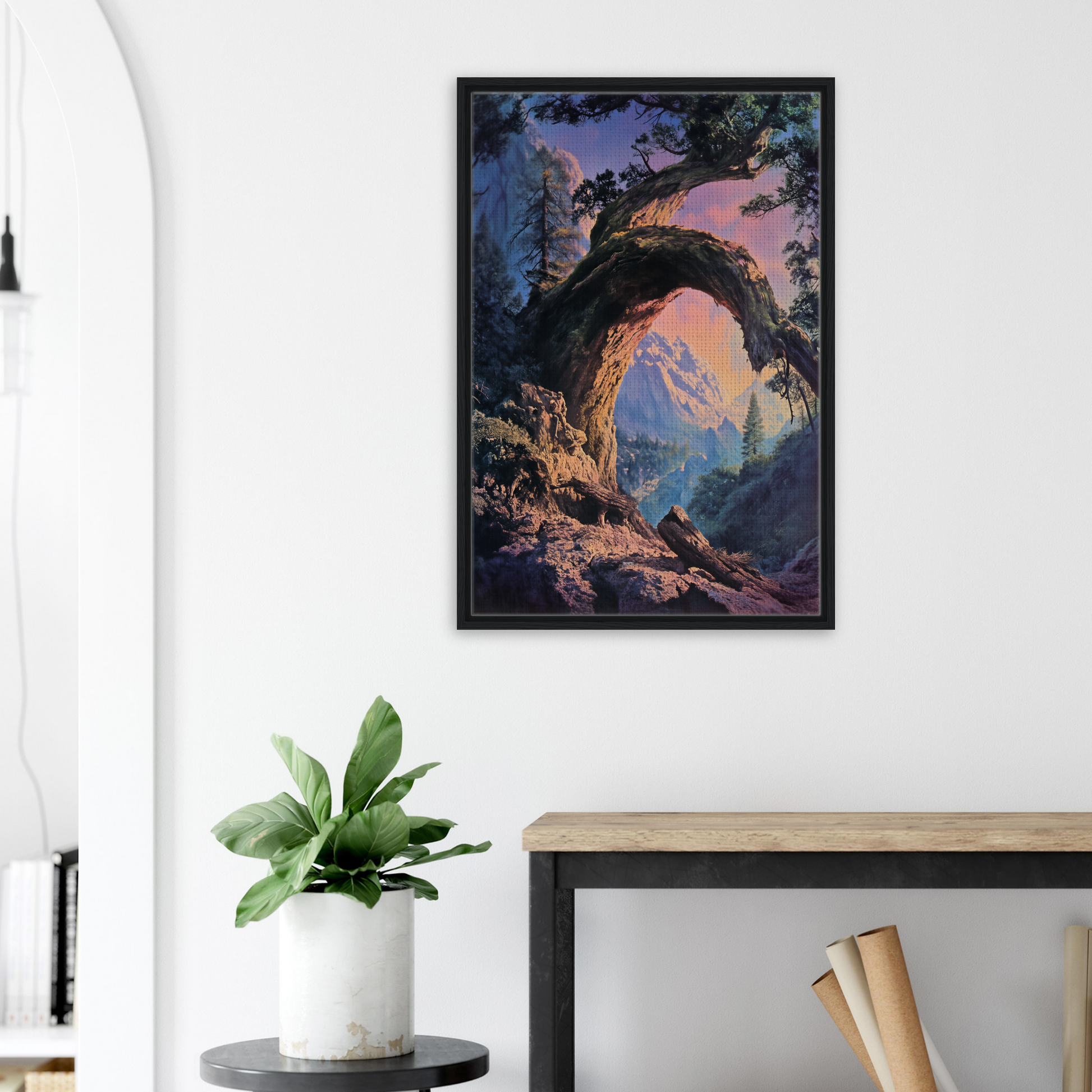 Framed canvas print of Mist Vortex Gateway featuring a rocky archway and distant mountains