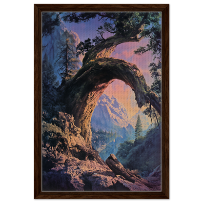 Natural rock arch framing a mountain vista in Mist Vortex Gateway framed canvas print