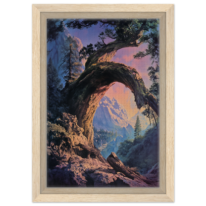 Fantastical arched tree formation framing mountain vista in Mist Vortex Gateway framed canvas print