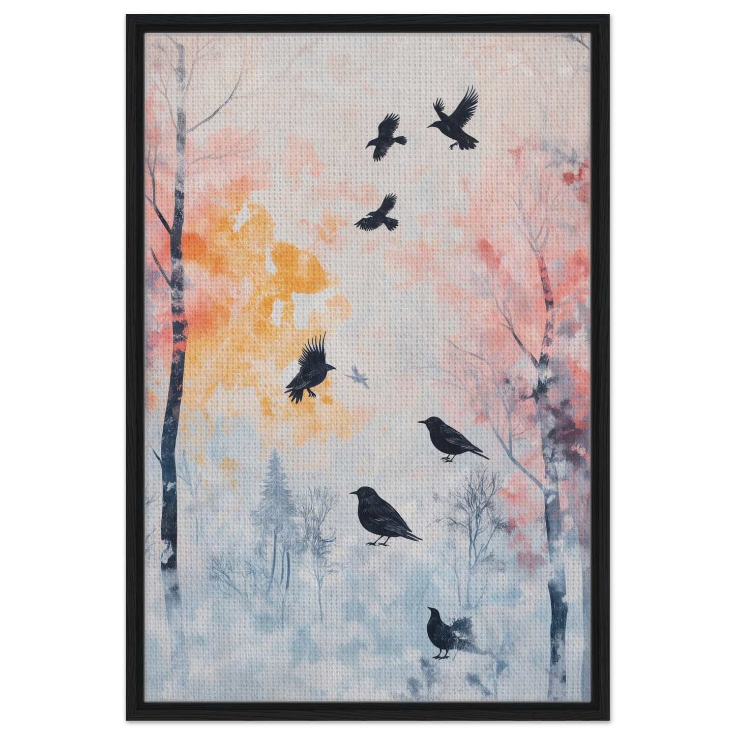 Framed artwork of Misty Corvid Ballet featuring bird silhouettes in a colorful forest