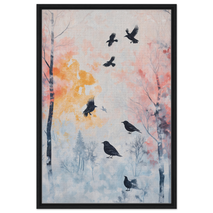 Framed artwork of Misty Corvid Ballet featuring bird silhouettes in a colorful forest