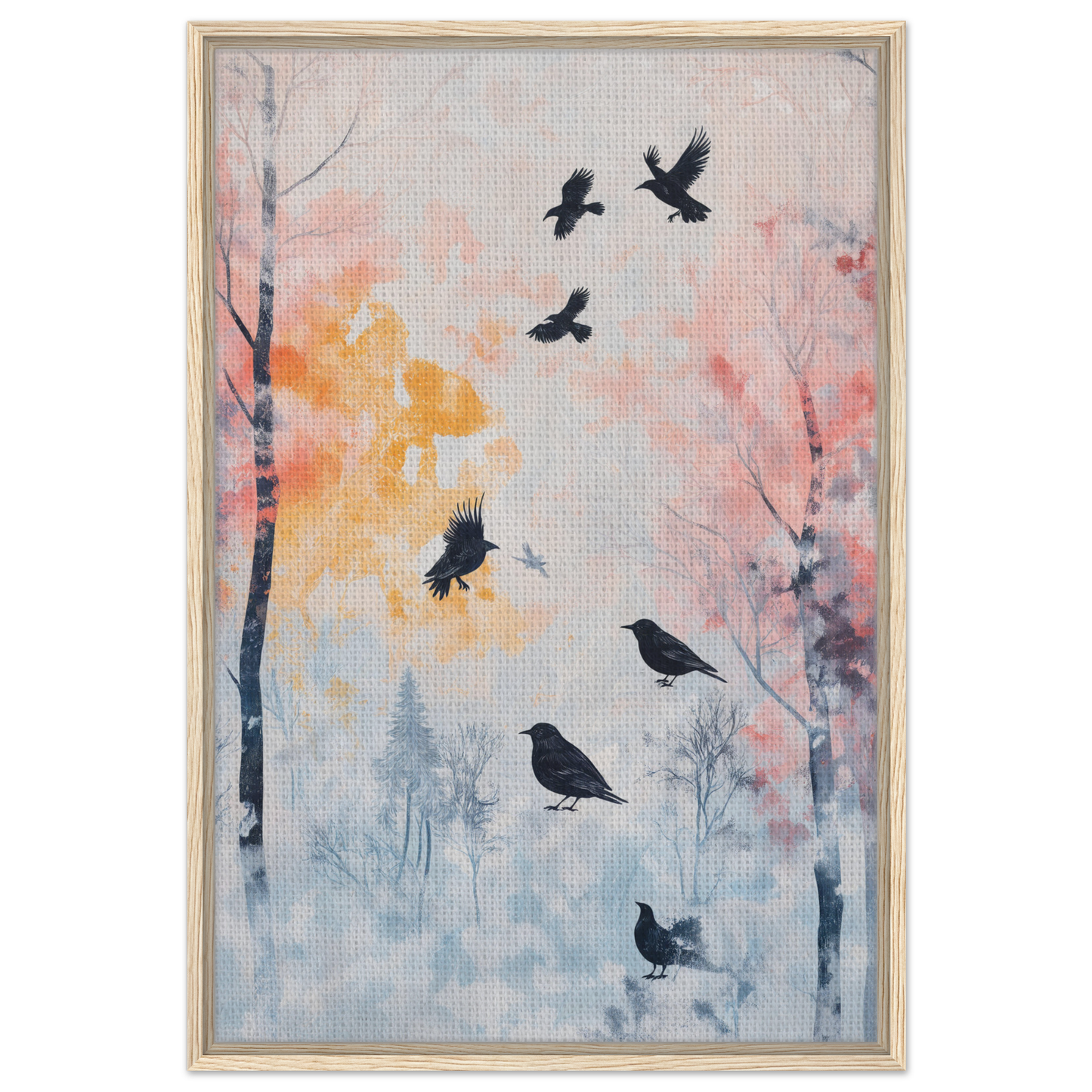 Framed painting of birds in Misty Corvid Ballet for elegant room decor enhancement