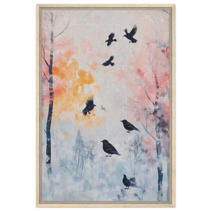 Framed painting of birds in Misty Corvid Ballet for elegant room decor enhancement