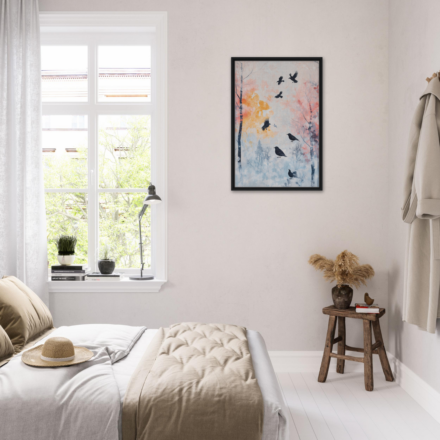 Bright, airy bedroom featuring Misty Corvid Ballet painting and minimalist decor