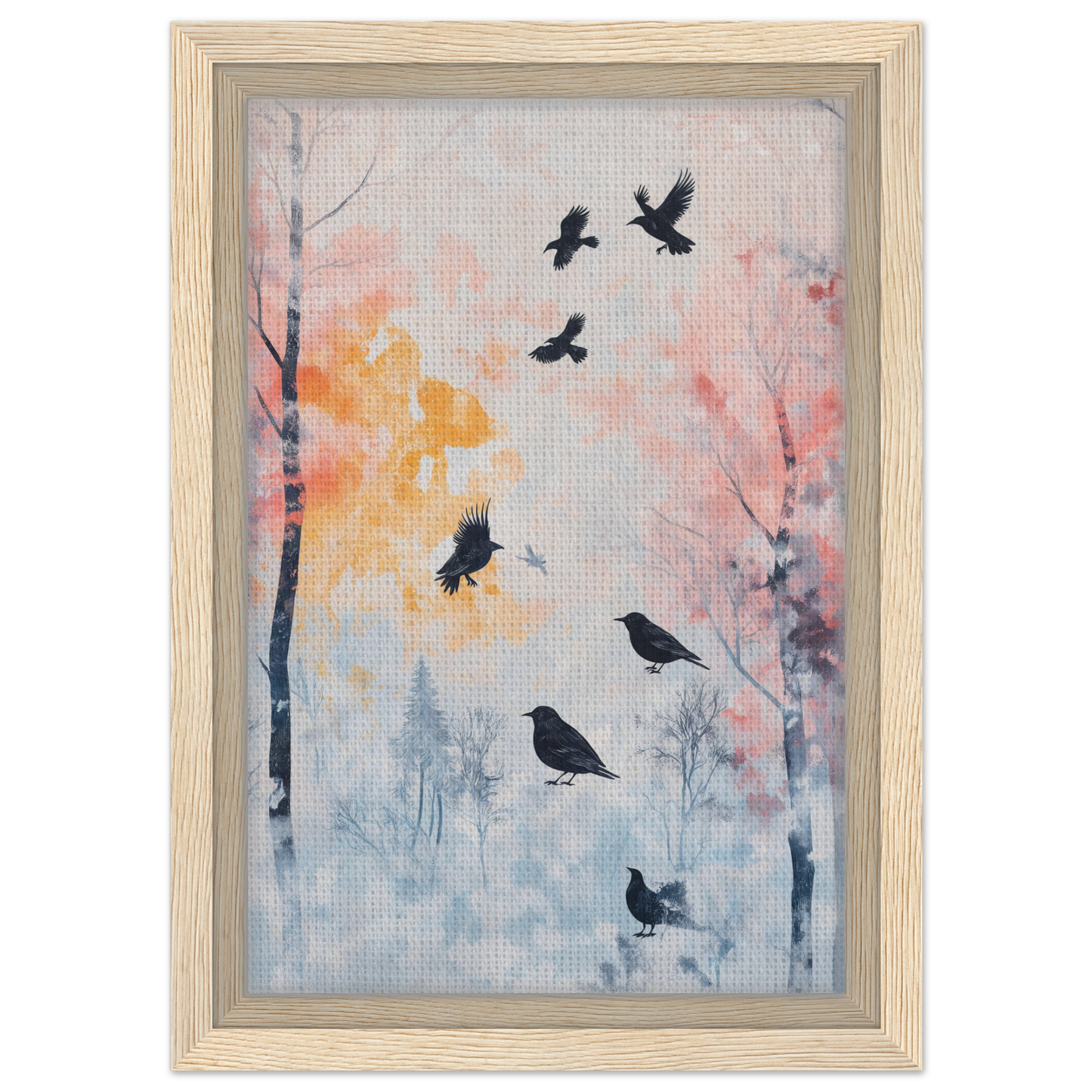 Framed painting of a misty corvid ballet with birds and colorful trees for room decor