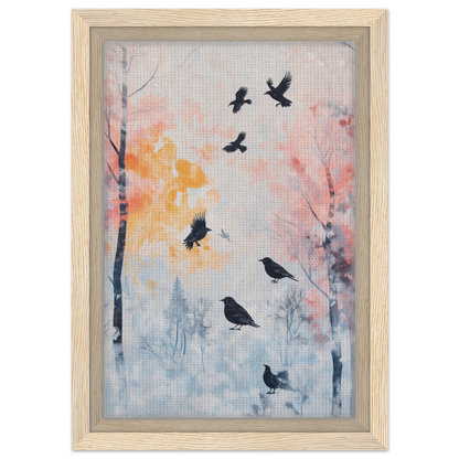 Framed painting of a misty corvid ballet with birds and colorful trees for room decor