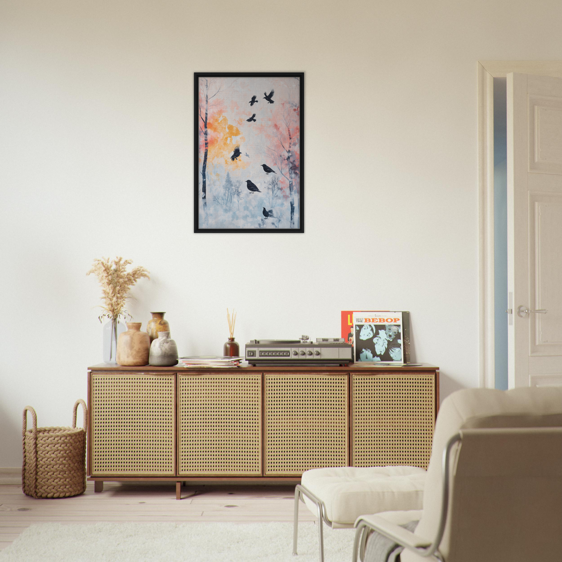 Wooden sideboard with cane-webbed doors displaying decorative items for Misty Corvid Ballet