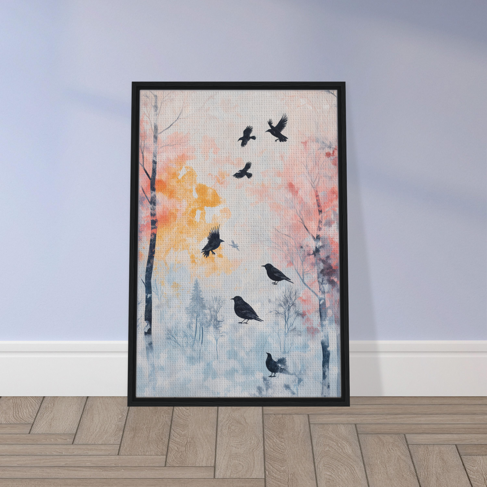 Framed painting of birds in pastel landscape for Misty Corvid Ballet room decor