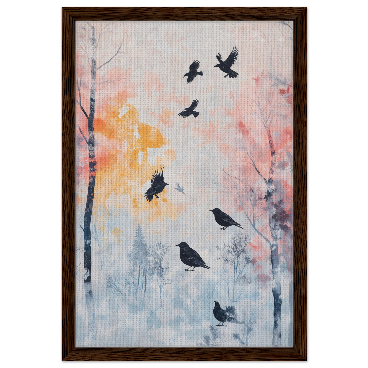 Framed canvas print of Misty Corvid Ballet with silhouettes of birds in a pastel forest