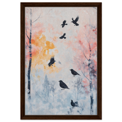 Framed canvas print of Misty Corvid Ballet with silhouettes of birds in a pastel forest