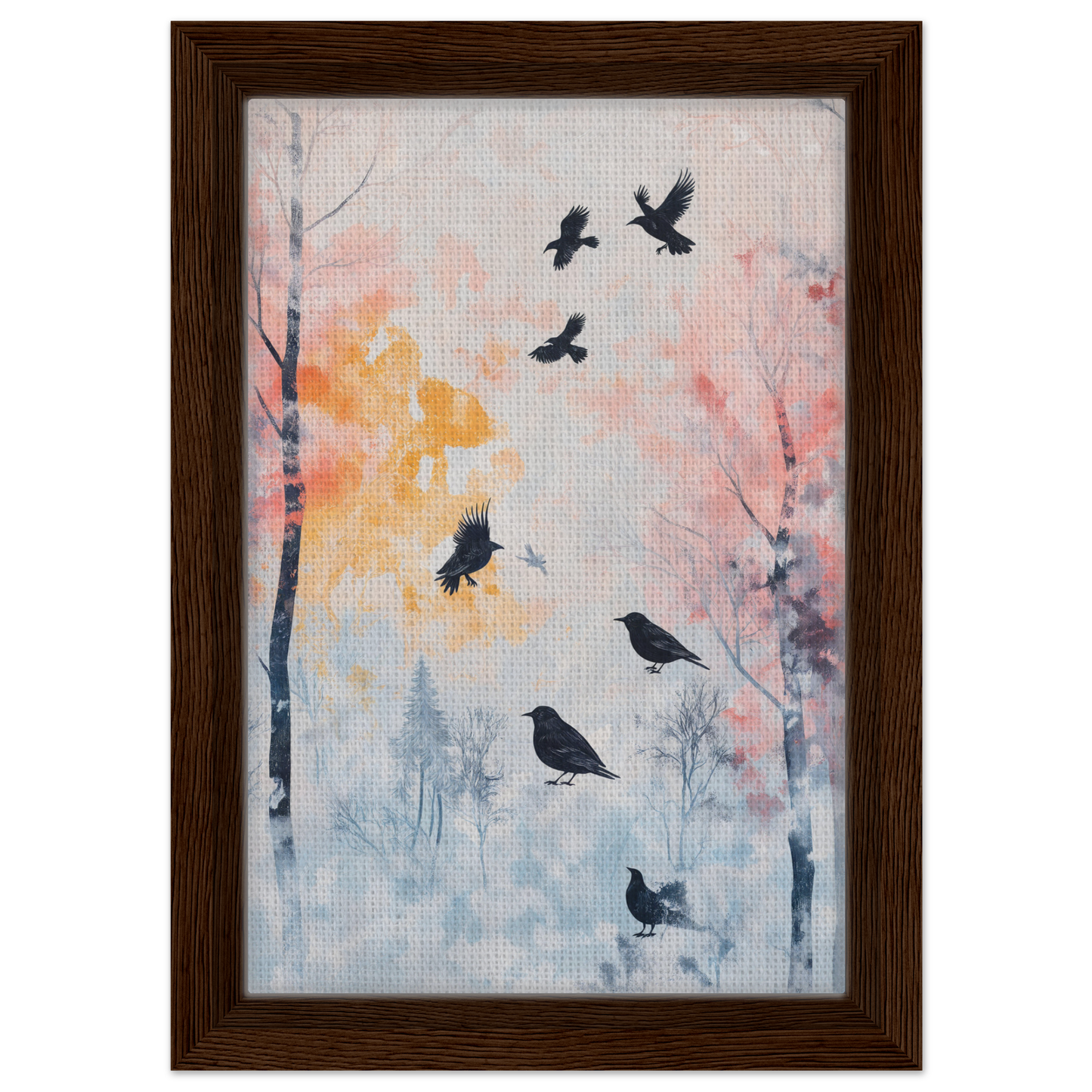 Framed Misty Corvid Ballet artwork featuring birds among misty pastel trees for room decor