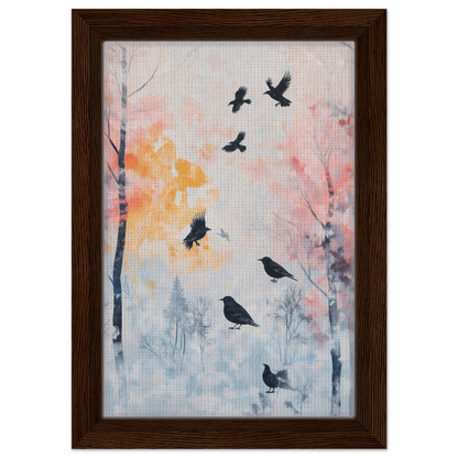 Framed Misty Corvid Ballet artwork featuring birds among misty pastel trees for room decor