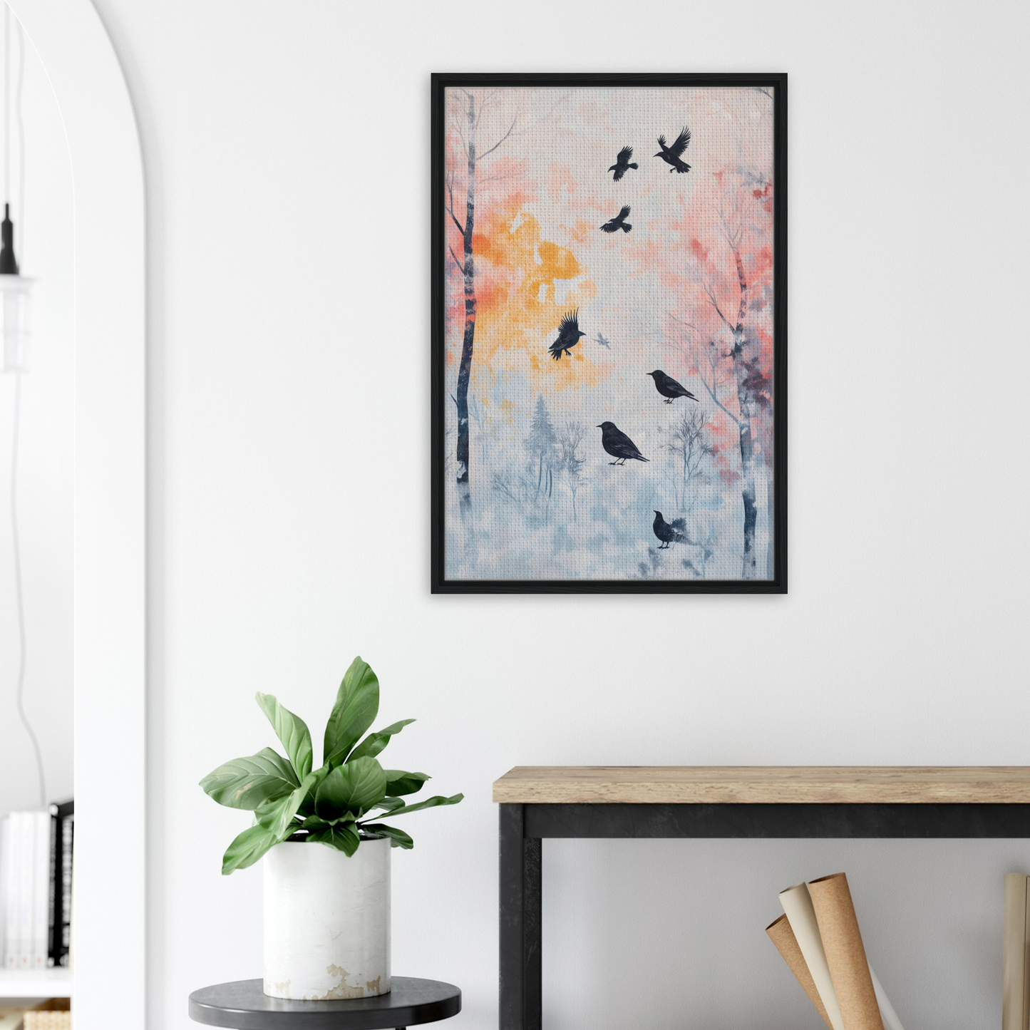 Framed watercolor painting of birds and trees in soft colors for Misty Corvid Ballet room decor