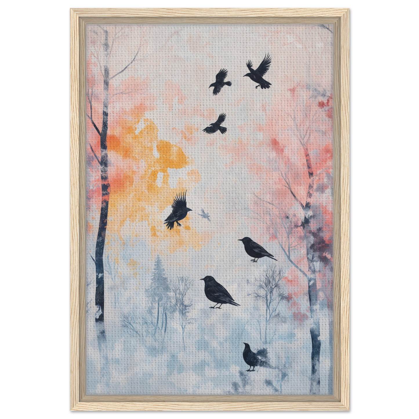 Framed canvas print of Misty Corvid Ballet featuring bird silhouettes in a colorful forest