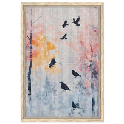 Framed canvas print of Misty Corvid Ballet featuring bird silhouettes in a colorful forest