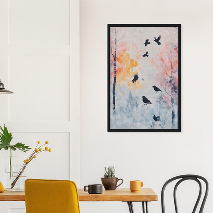 Framed artwork of misty Corvid ballet birds in flight for elegant room decor