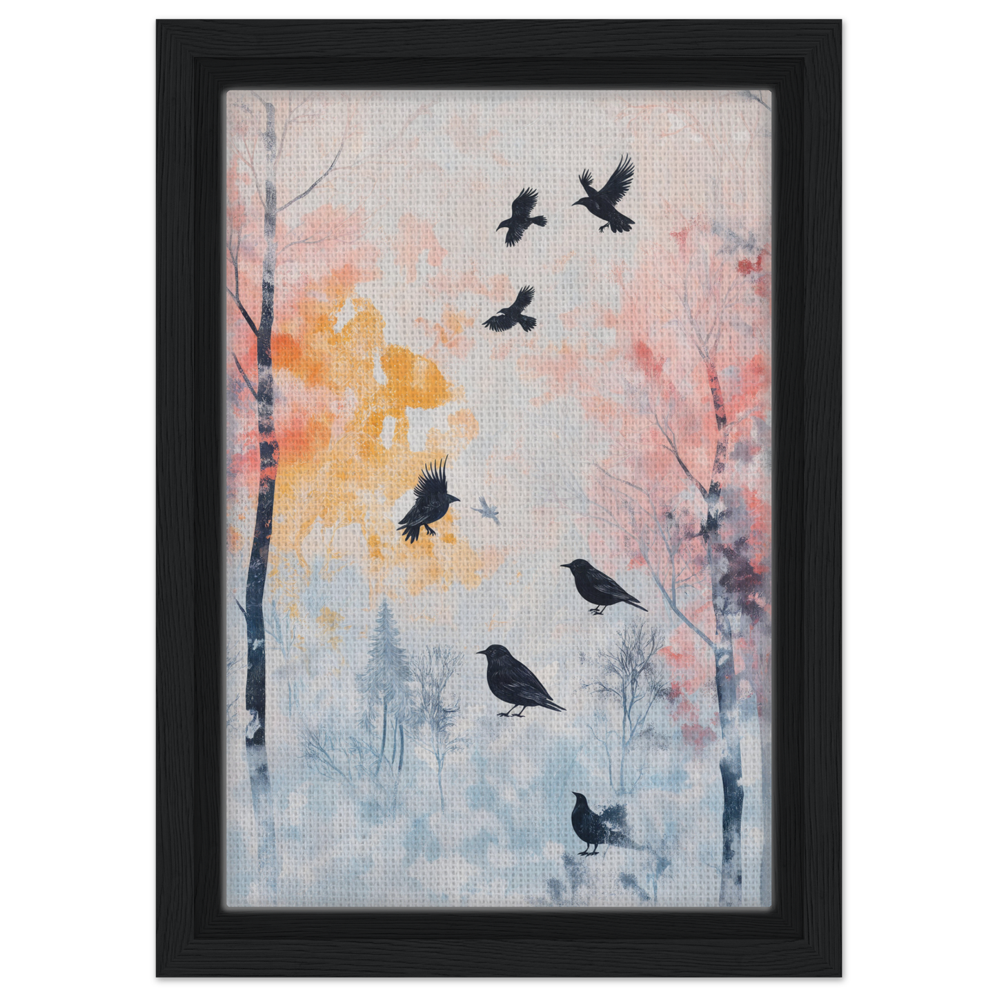 Framed canvas print of Misty Corvid Ballet with birds in a pastel-colored forest