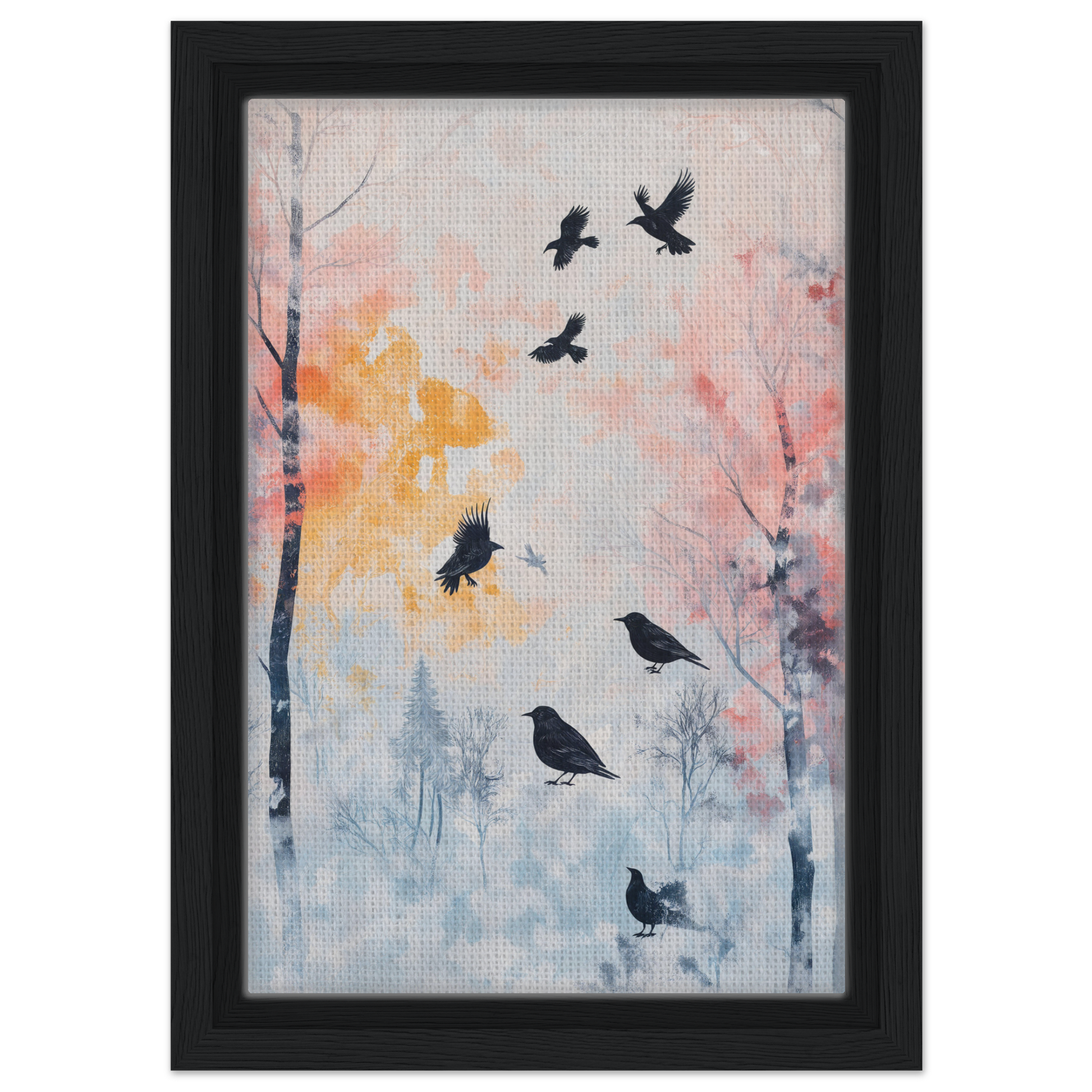 Framed canvas print of Misty Corvid Ballet with birds in a pastel-colored forest