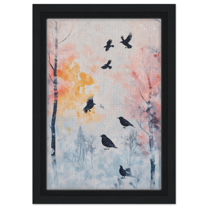 Framed canvas print of Misty Corvid Ballet with birds in a pastel-colored forest