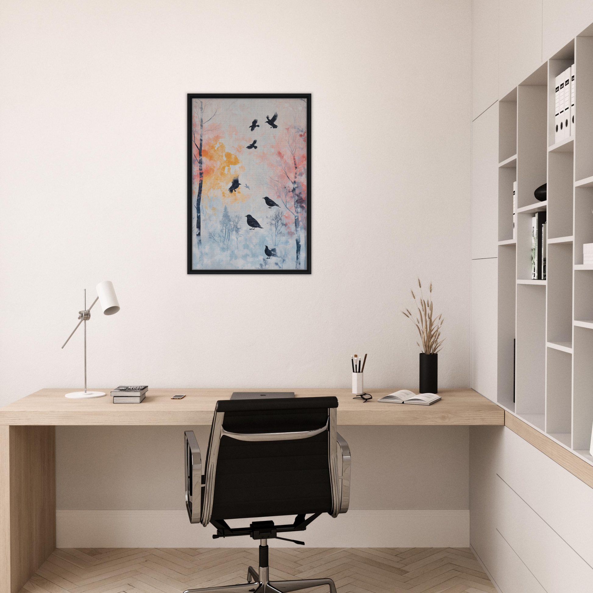 Minimalist home office with wooden desk and Misty Corvid Ballet framed canvas print