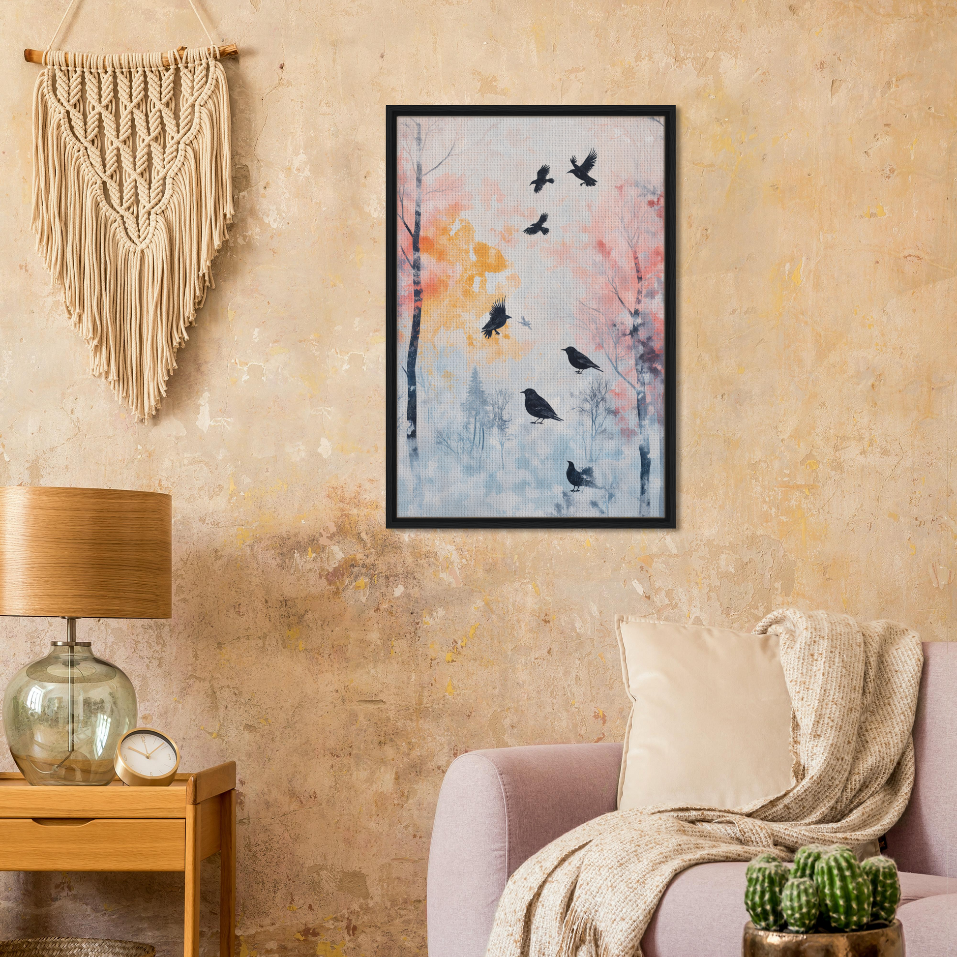 Framed painting of birds in Misty Corvid Ballet, an exquisite room decor piece