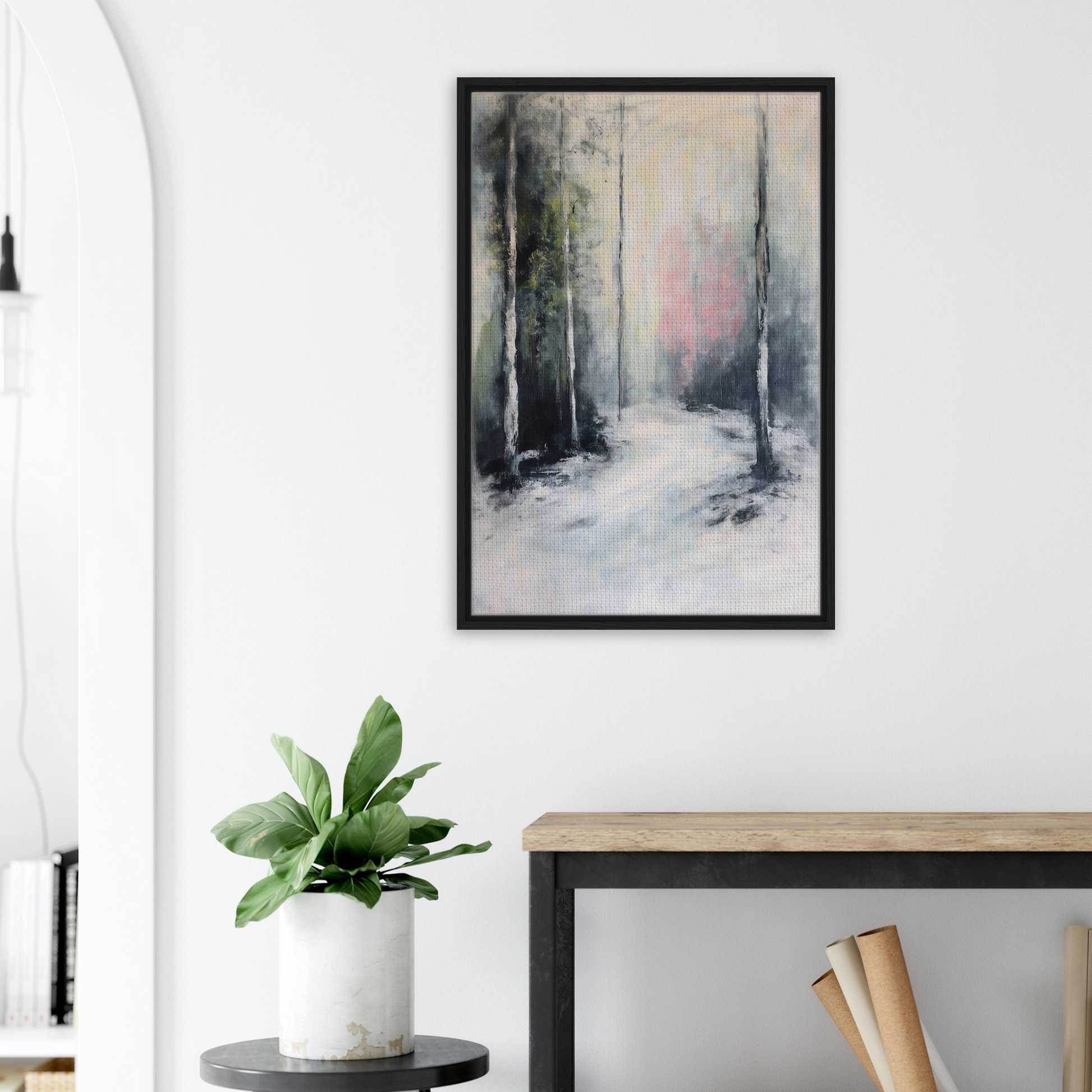 Framed canvas print of a misty winter forest in Misty Dreamscape Envoy