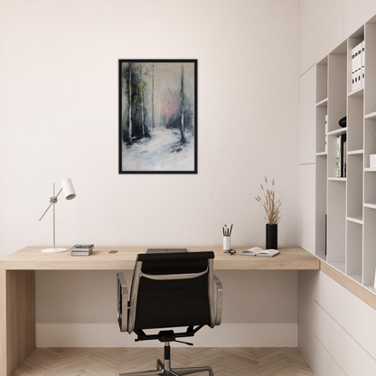 Minimalist home office featuring Misty Dreamscape Envoy and framed canvas print