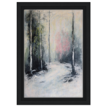 Abstract painting of snowy forest path with misty trees in Misty Dreamscape Envoy framed canvas print