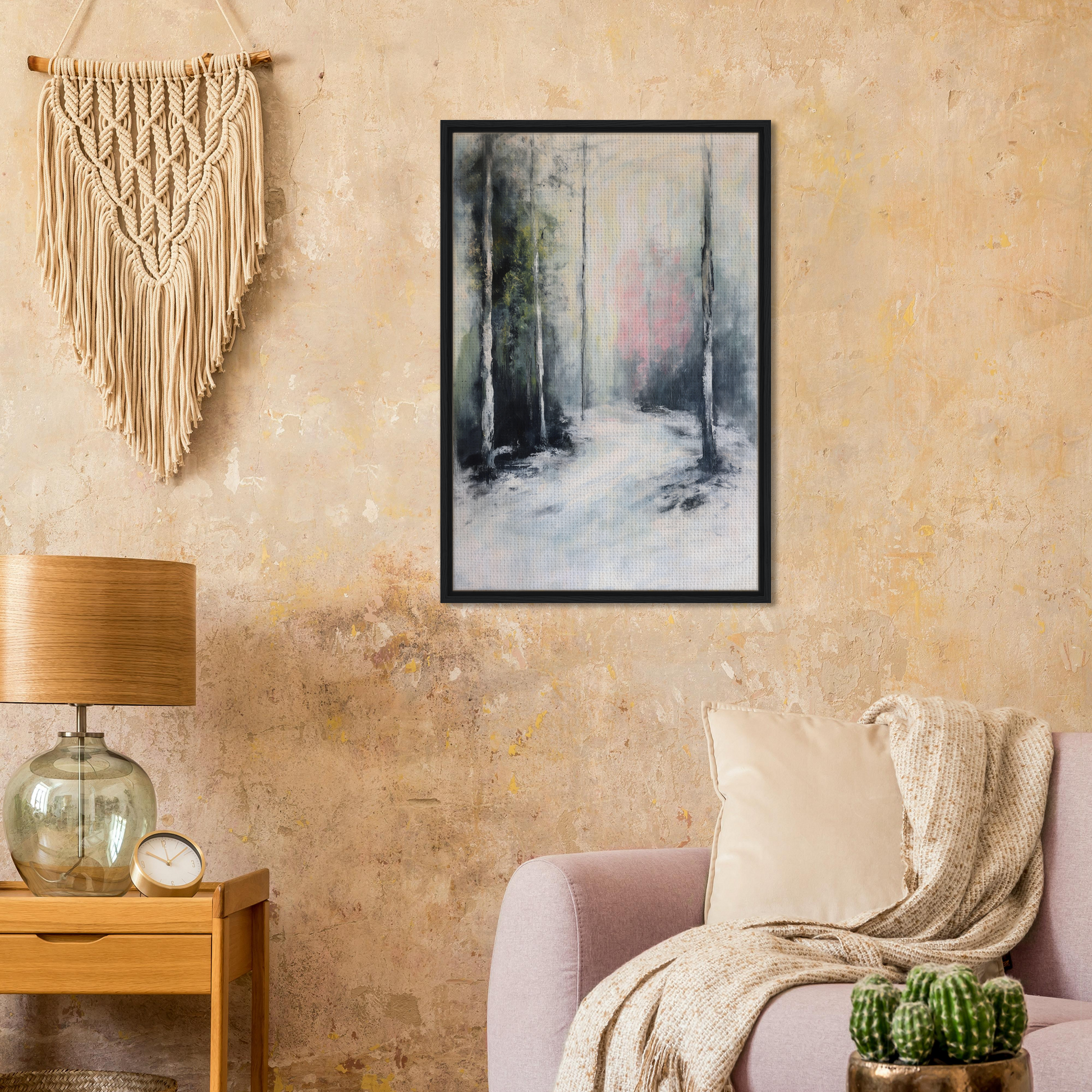 Framed painting of a snowy forest path in muted colors for Misty Dreamscape Envoy room decor