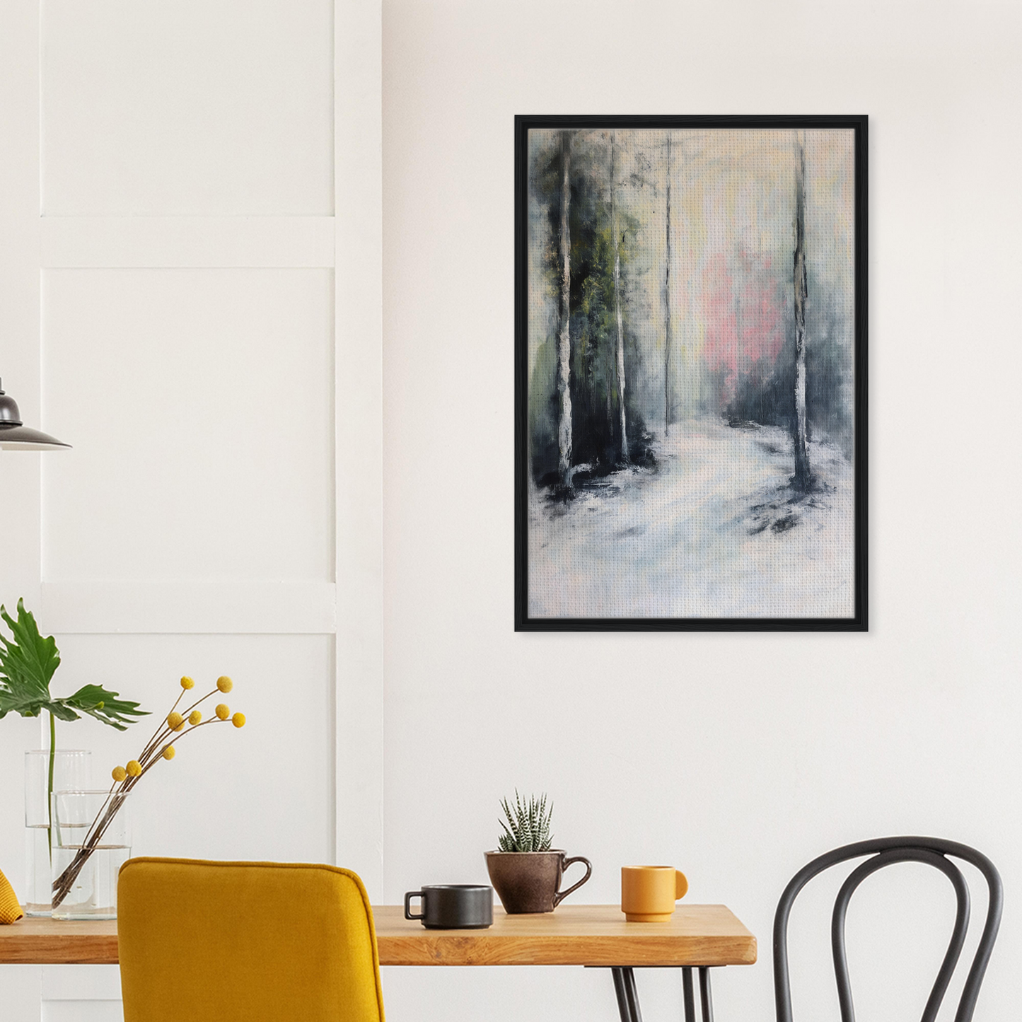 Abstract painting of a snowy forest path, Misty Dreamscape Envoy for room decor