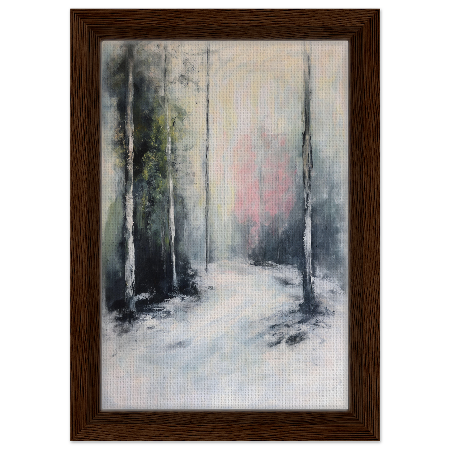 Abstract painting of a snowy forest path in a Misty Dreamscape Envoy framed canvas print