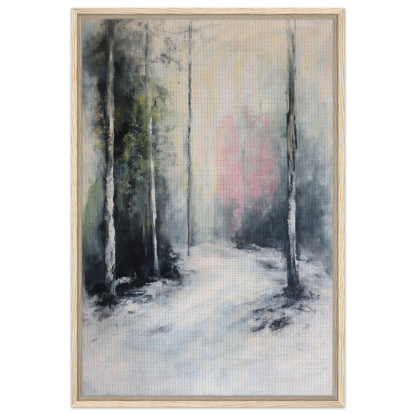 Abstract painting of a snowy forest path in Misty Dreamscape Envoy for room decor