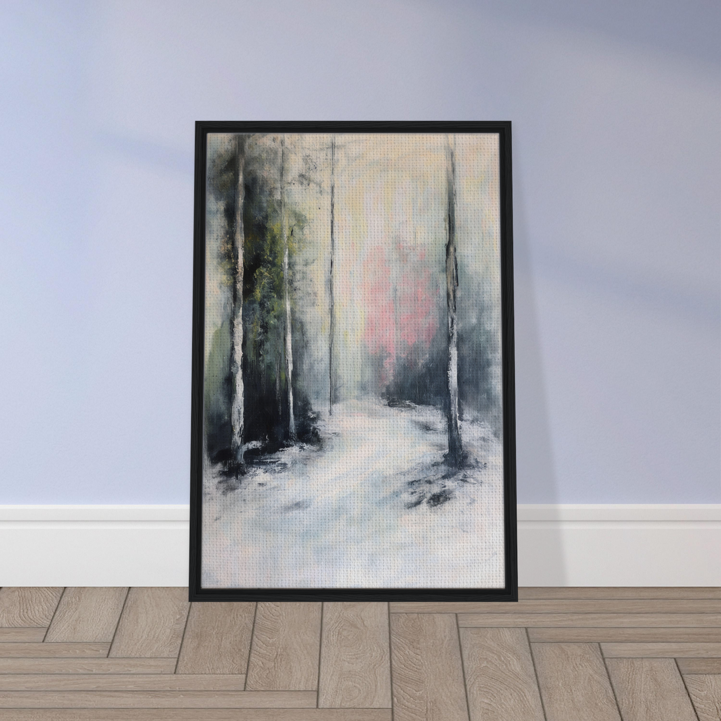 Framed canvas print of snowy forest path in Misty Dreamscape Envoy style