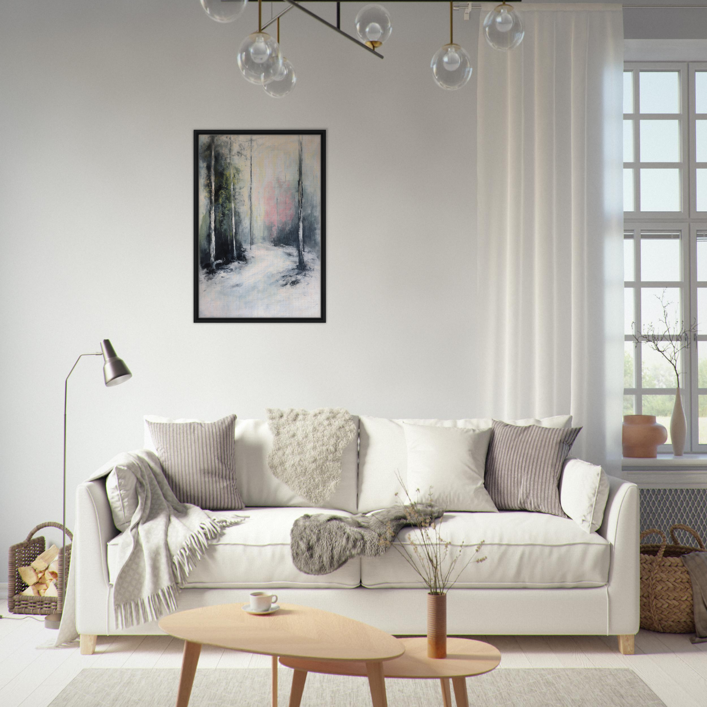 White sofa adorned with pillows and blankets from the Misty Dreamscape Envoy for room decor