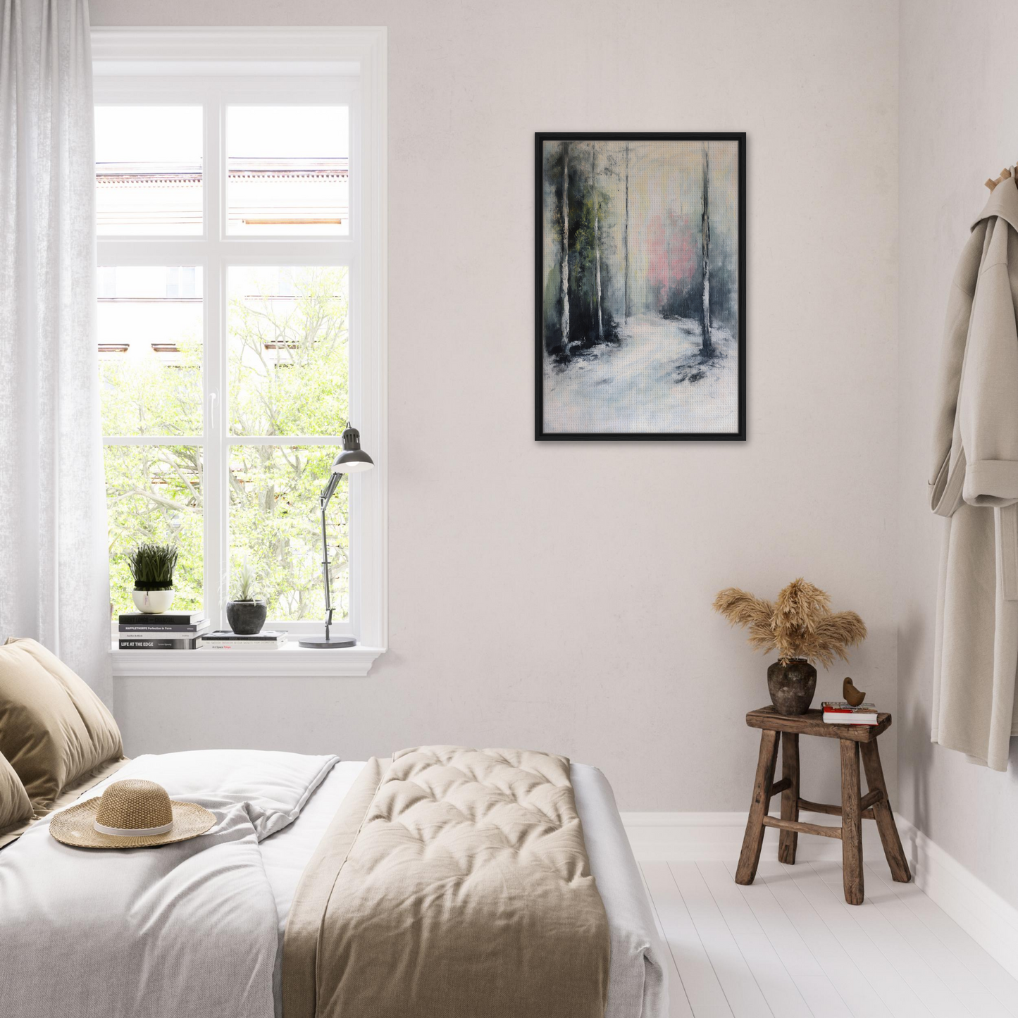 Cozy bedroom featuring Misty Dreamscape Envoy in a neutral color palette and minimalist decor