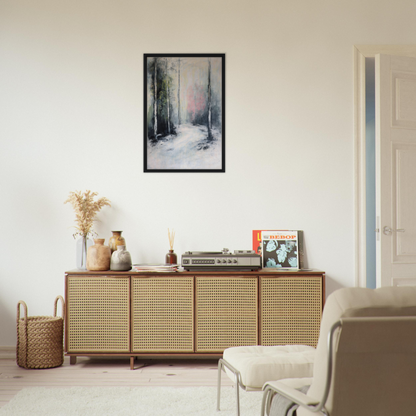 Wooden sideboard with cane-webbed doors atop Misty Dreamscape Envoy decor