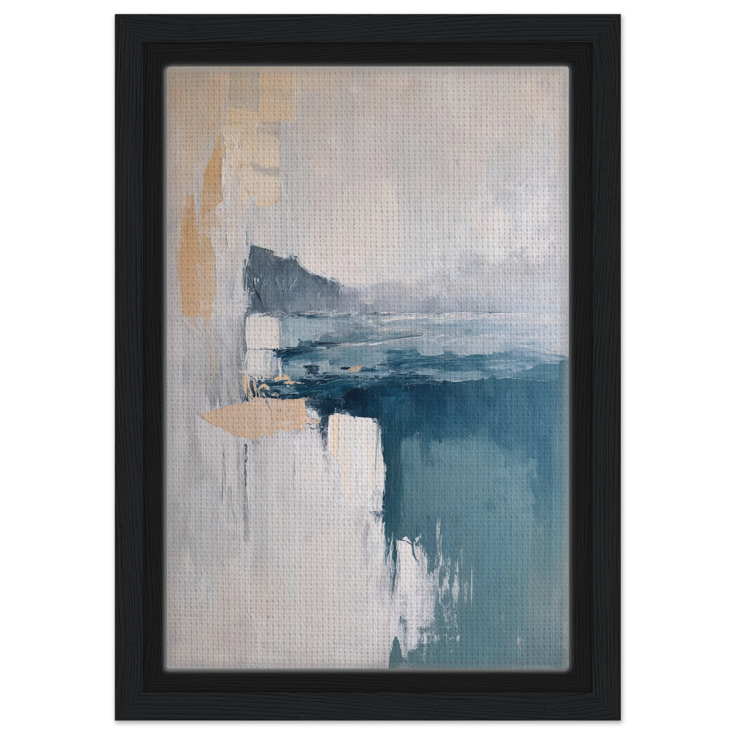 Abstract painting in muted blue and gray tones, Misty Dreamscape Whispers framed canvas print