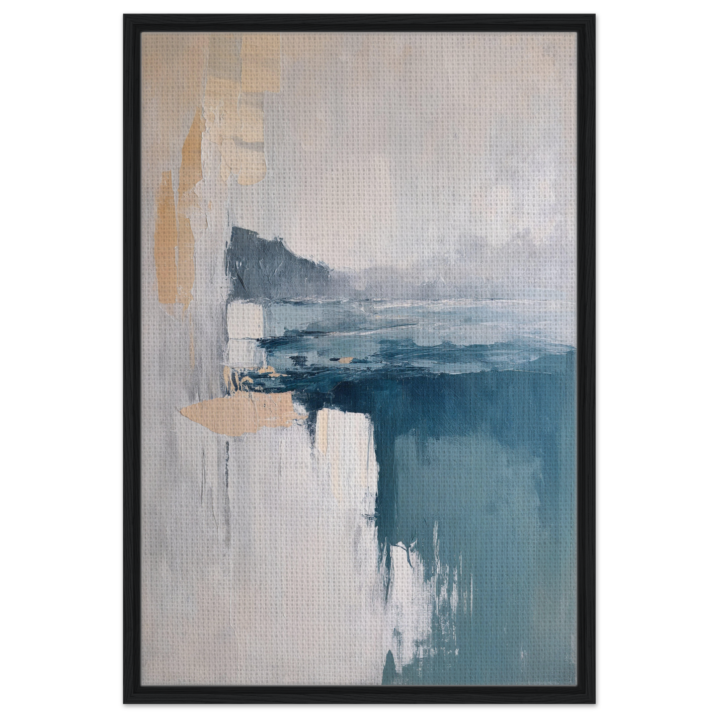 Abstract painting in muted blue, gray, and beige tones for Misty Dreamscape Whispers room decor