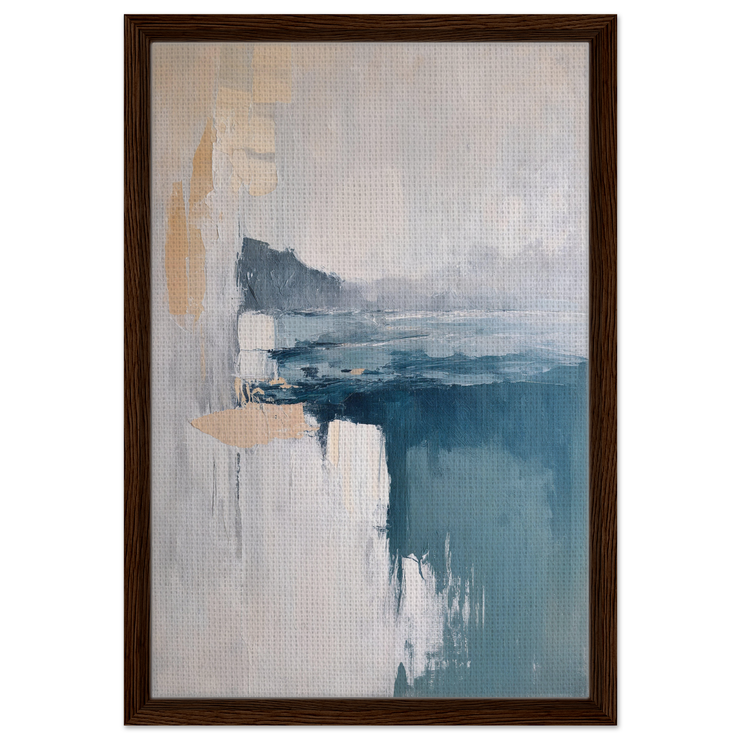 Abstract painting in muted blue and gray with peach accents from Misty Dreamscape Whispers