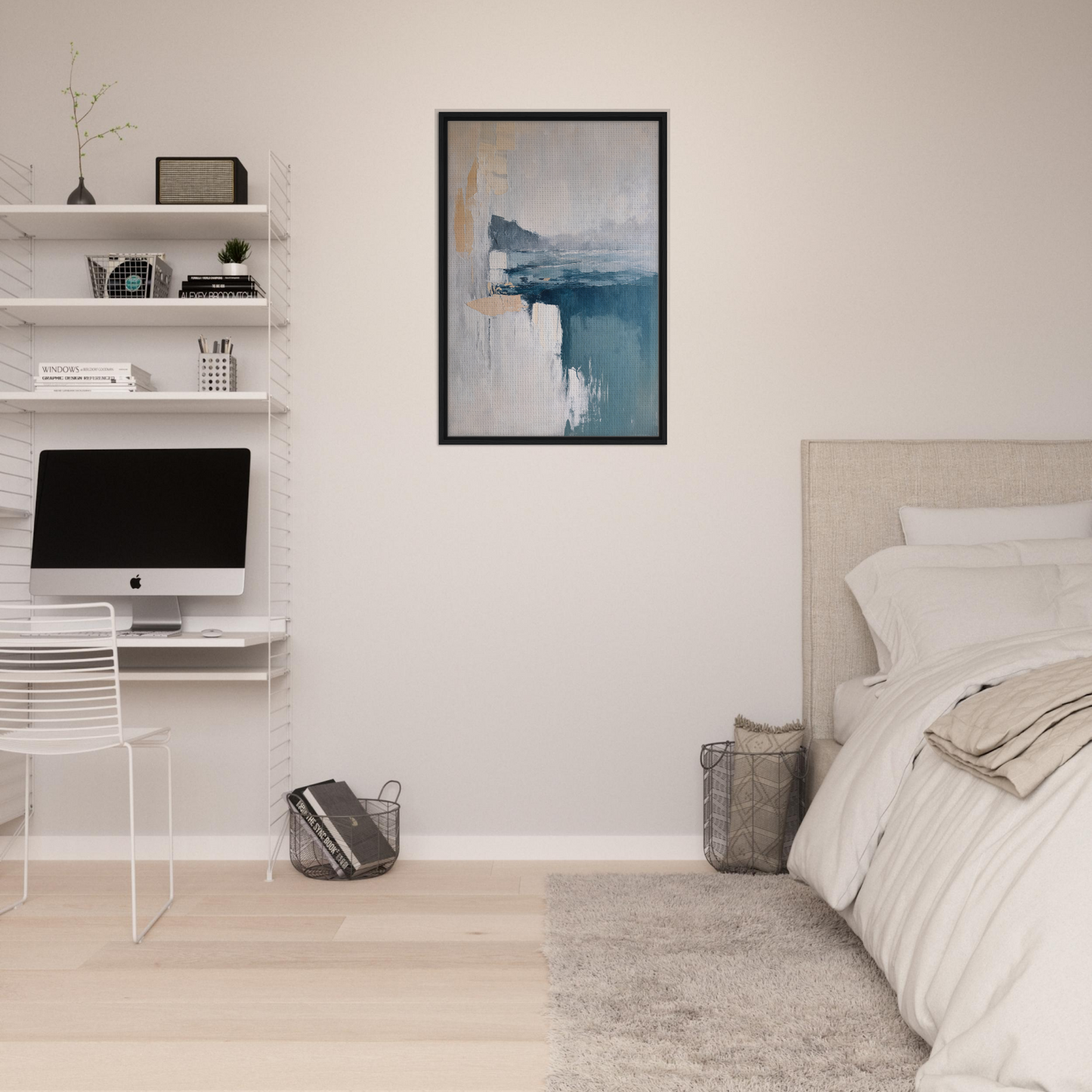 Minimalist bedroom featuring Misty Dreamscape Whispers framed canvas print on display