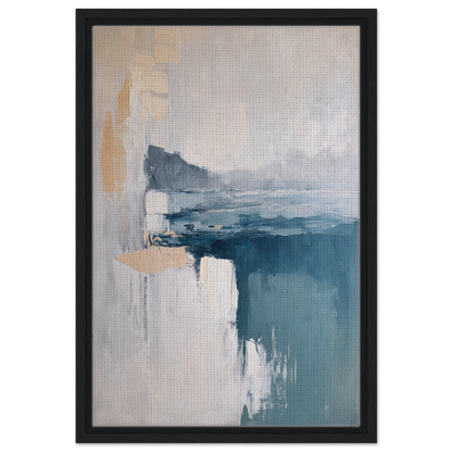 Abstract painting in muted blue, gray, and peach tones titled Misty Dreamscape Whispers