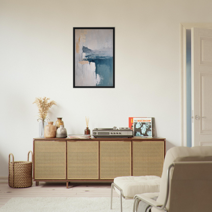 Wooden sideboard with cane-webbed doors and decor, enhancing the Misty Dreamscape Whispers