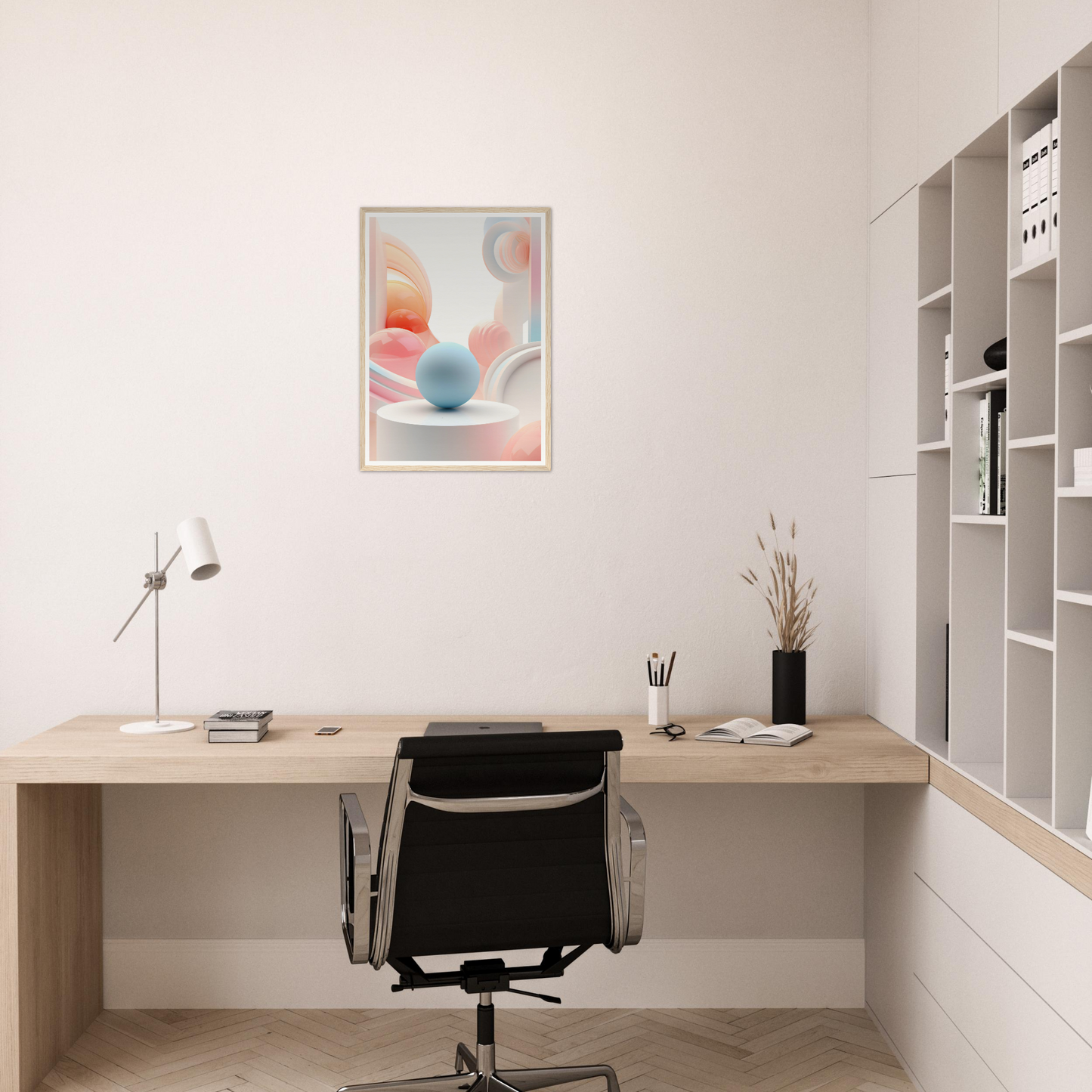 A modern office with a desk and a painting on the wall