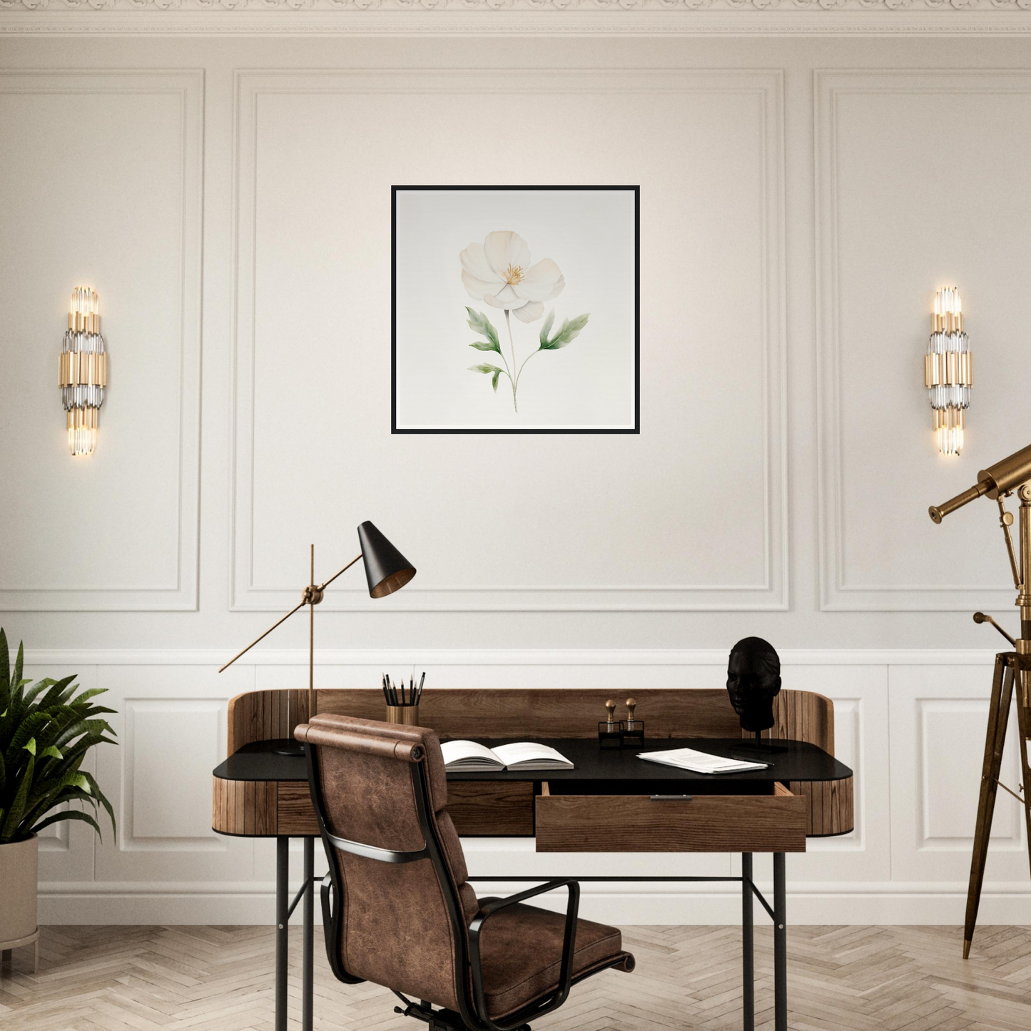 A modern office with a wooden desk and a black chair